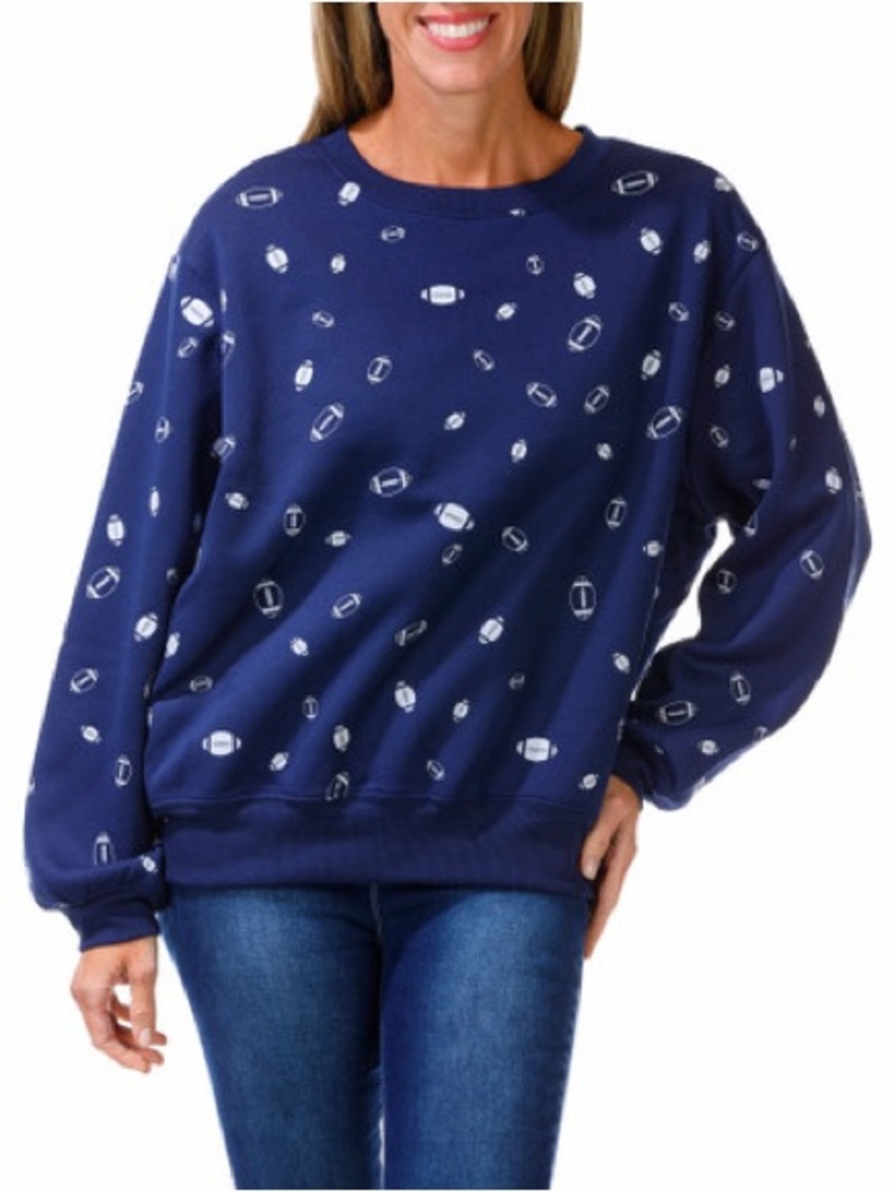 Chaser Football Print Sweatshirt Women Small Navy Blue Game Day Crewneck